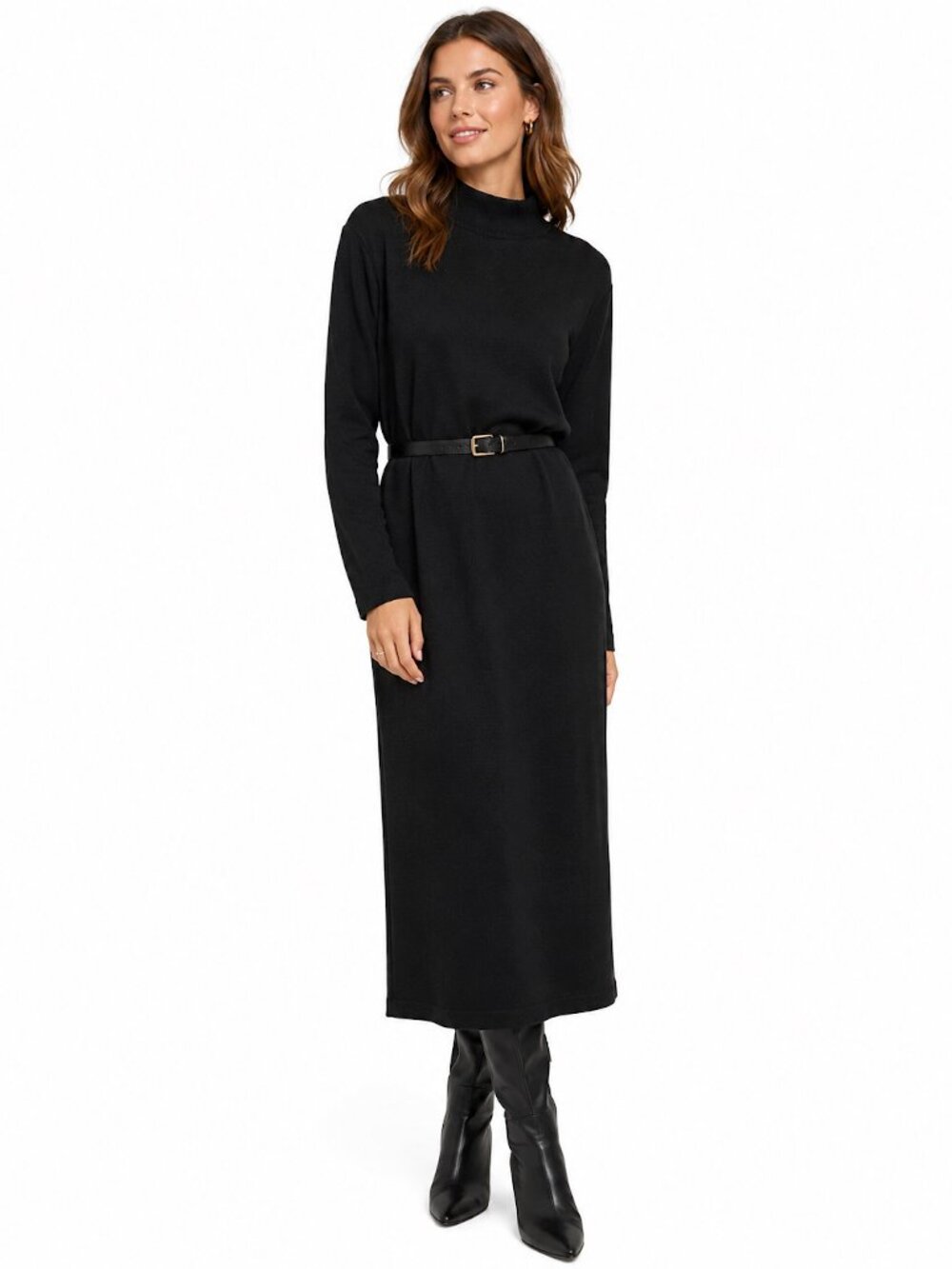 80s Black Mock Neck Knit Midi Dress | Minimalist Long Sleeve Dress | S/M
